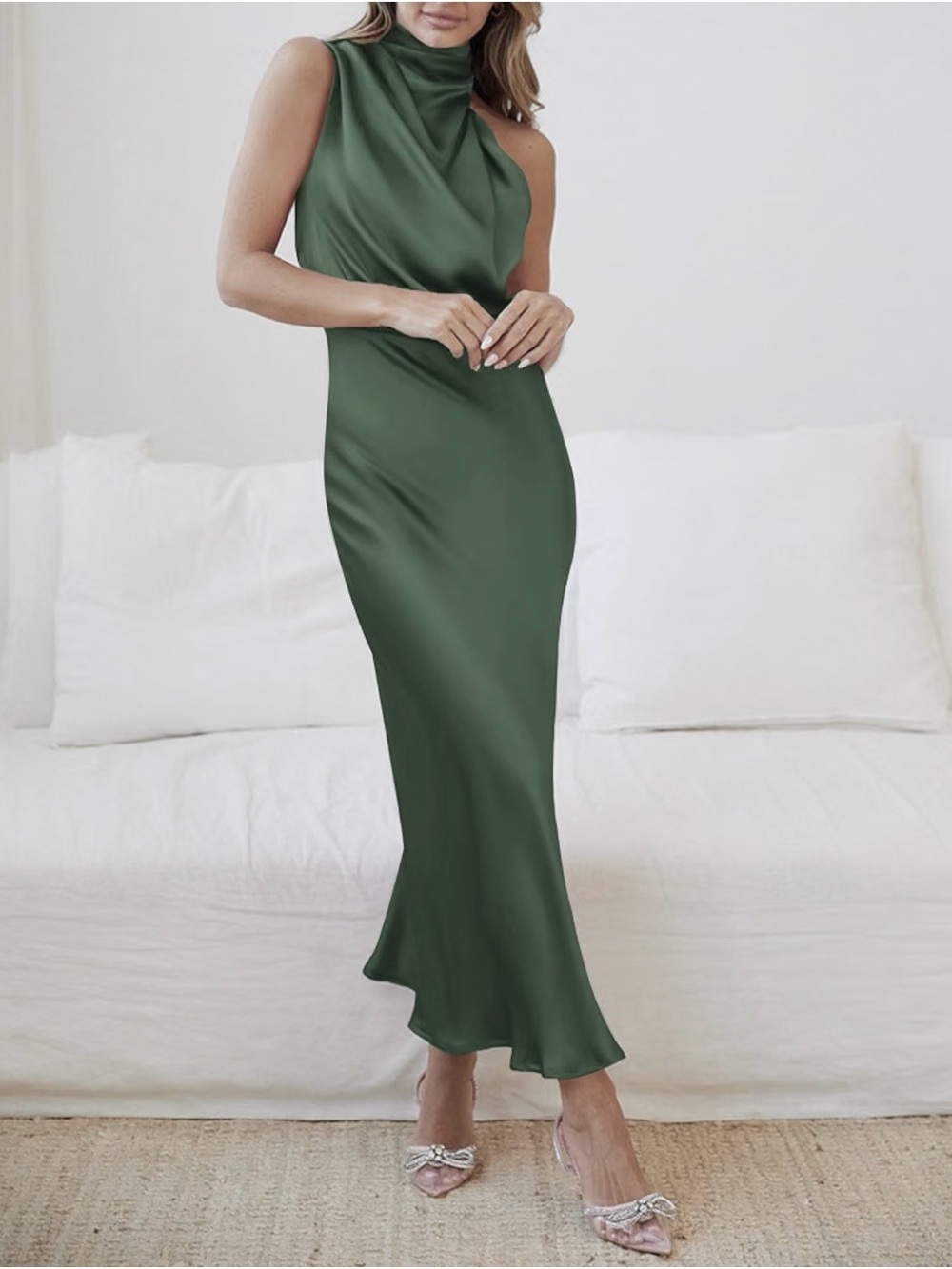 BTFBM Women’s SMALL Satin Elegant Sleeveless Mock Neck Cocktail Dress Green